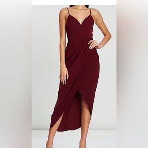 Shona Joy Deep Red Midi Dress with Spaghetti Straps